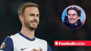 James Maddison in homeTottenham shirt with Thomas Frank smiling in inset