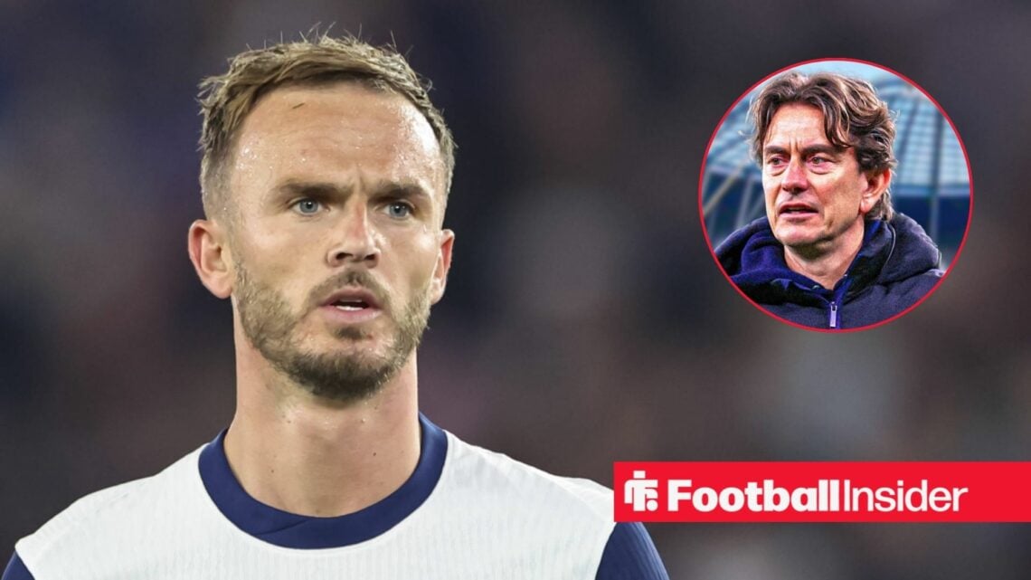James Maddison in Tottenham shirt with Thomas Frank inset