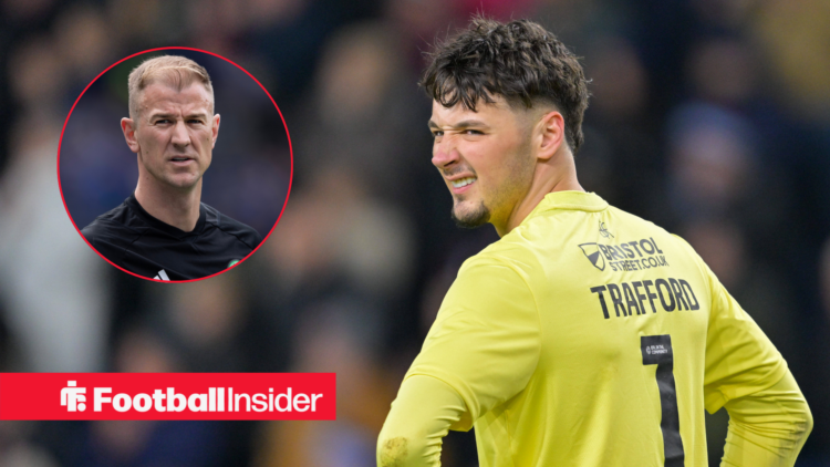James Trafford looking behind him, Joe Hart in a circular inset