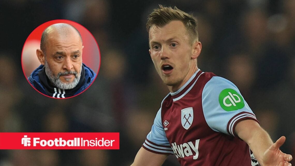 West Ham's James Ward-Prowse in action looking at head coach Nuno Espirito Santo left inset