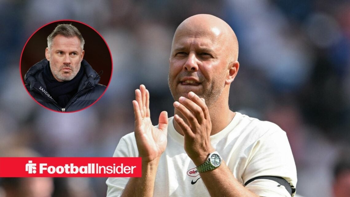 A headshot of Jamie Carragher in a circular frame alongside an image of Liverpool boss Arne Slot in a white shirt