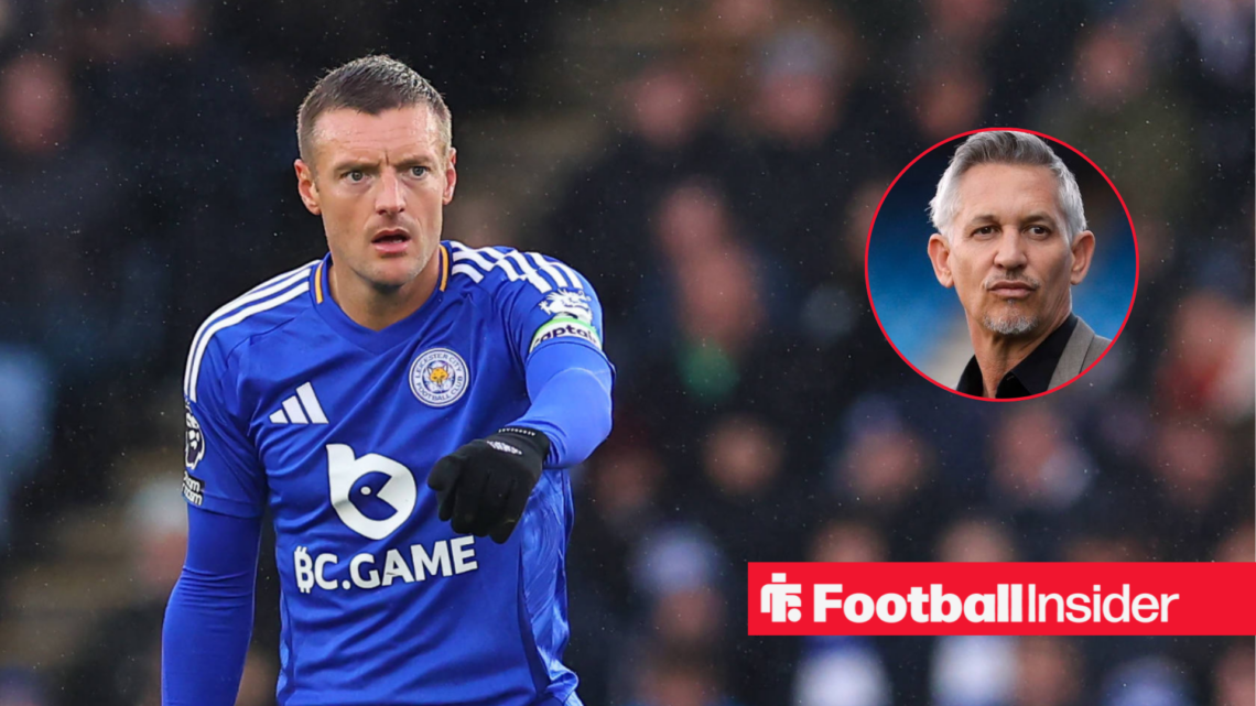 Jamie Vardy in a Leicester City shirt alongside an image of Gary Lineker