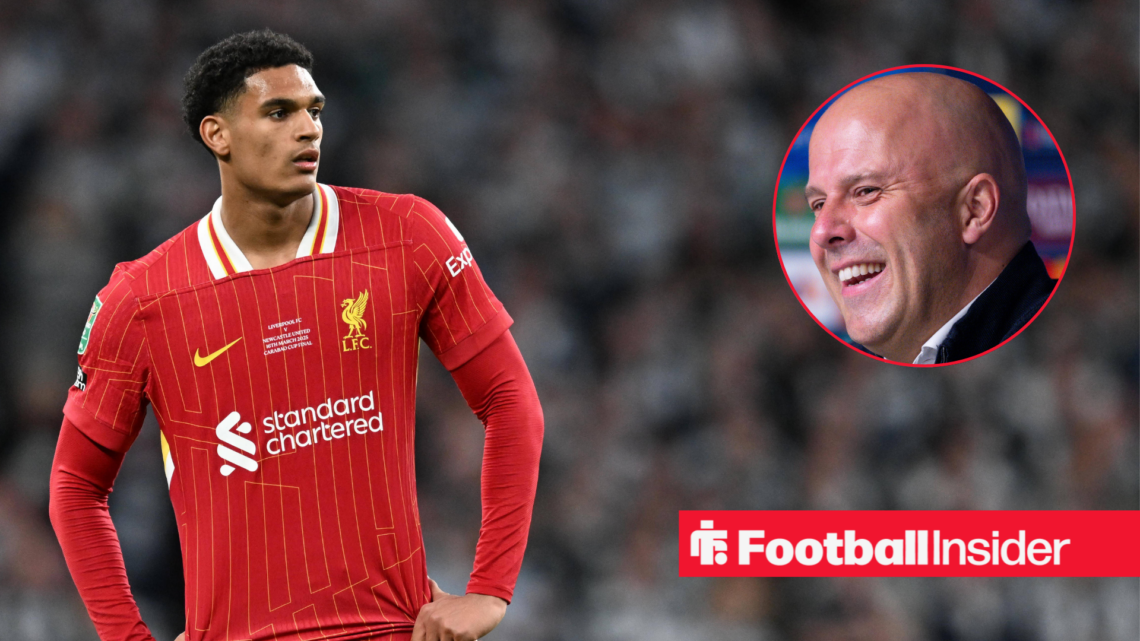 Jarell Quansah playing for Liverpool, alongside a circular inset of Liverpool manager Arne Slot