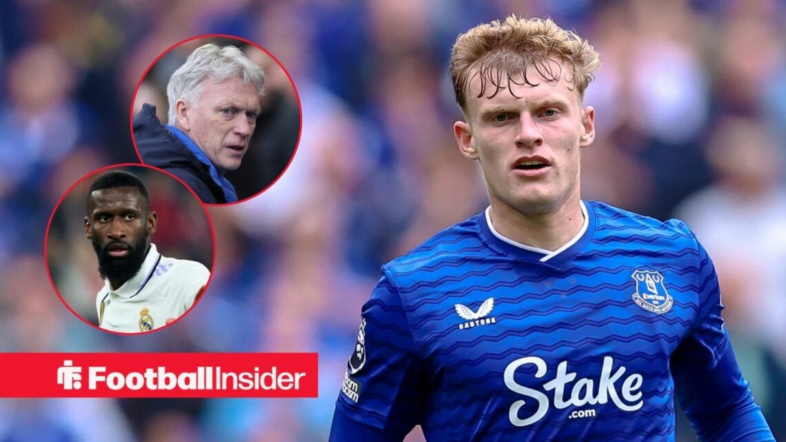 Jarrad Branthwaite in an Everton shirt, David Moyes and Antonio Rudiger in circular insets