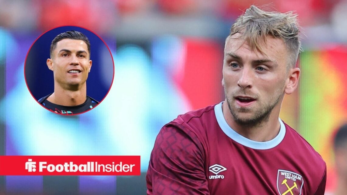 West Ham's Jarrod Bowen takes a shot on goal while Cristiano Ronaldo smiles left inset