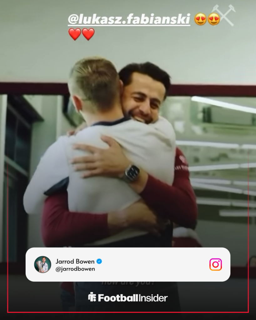 Jarrod Bowen hugging Lukasz Fabianski