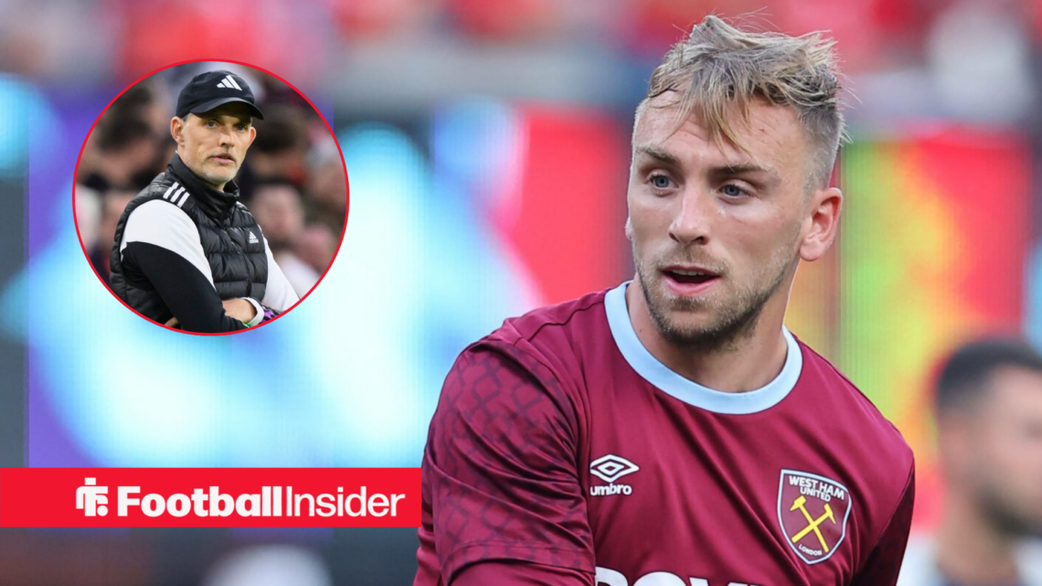 Jarrod Bowen in a West Ham shirt, Thomas Tuchel in a circular inset