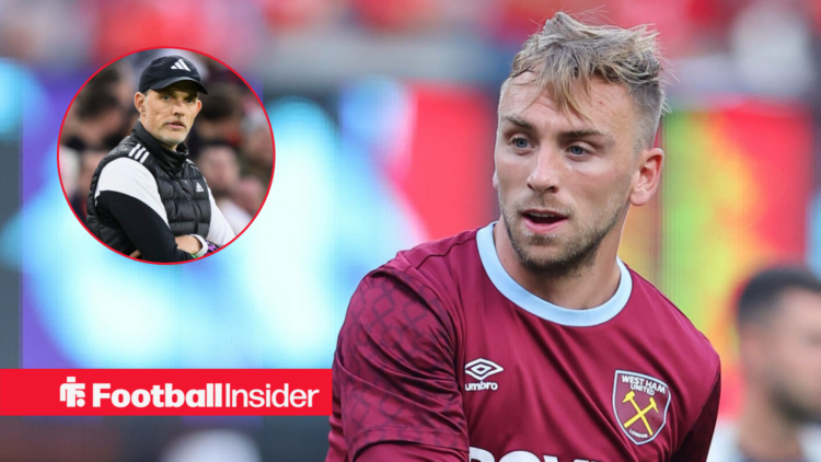 Jarrod Bowen in a West Ham shirt, Thomas Tuchel in a circular inset
