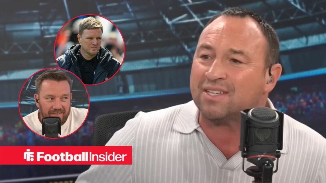 Jason Cundy speaking on talkSPORT, Jamie O'Hara and Eddie Howe in circular insets
