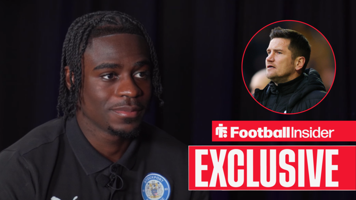 Jay Mingi in an interview for Stockport County, with Crewe manager Lee Bell in a circular inset