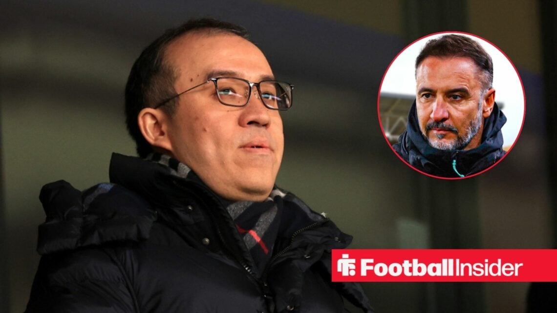 Jeff Shi looking at a circular inset of Vitor Pereira