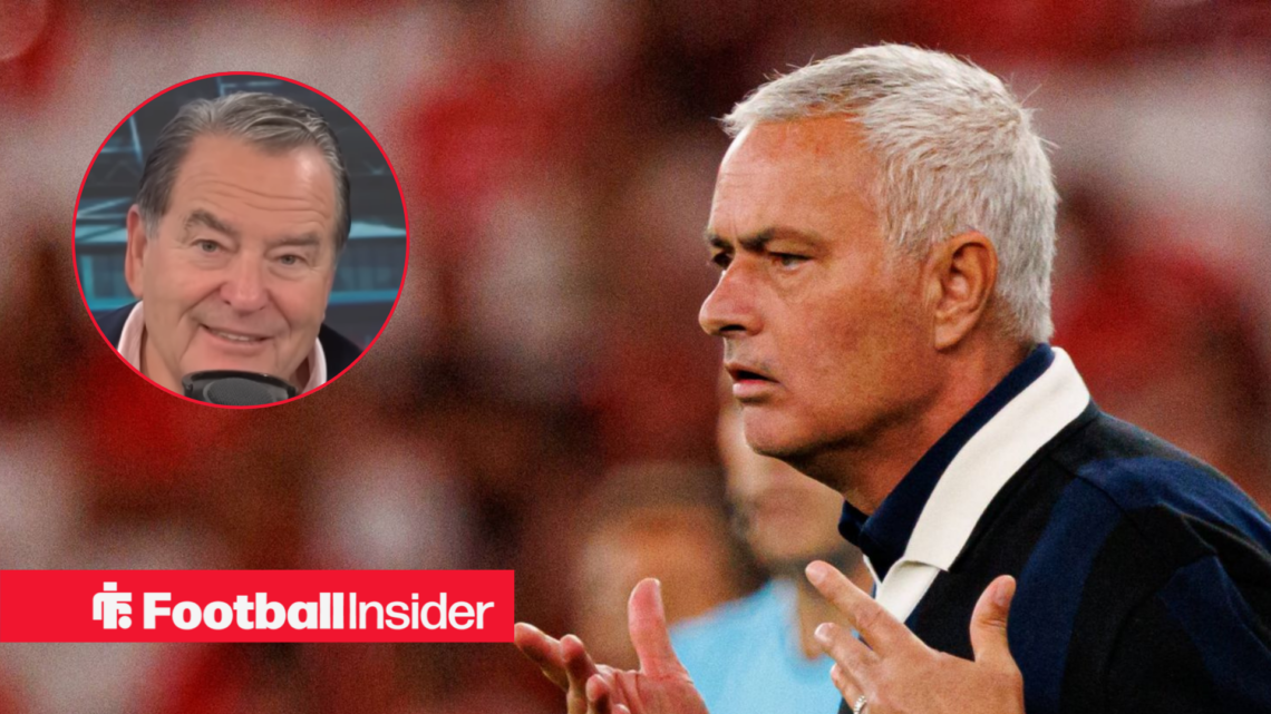 Jeff Stelling on the left smiling with Jose Mourinho on the right with his hands in the air