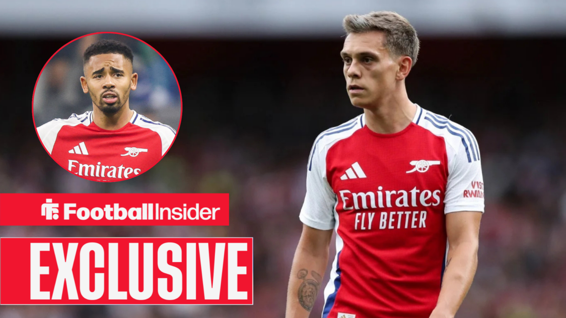 Gabriel Jesus in a circular inset, Leandro Trossard in an Arsenal shirt