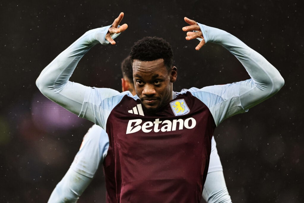 John Duran places a crown on his head after scoring for Aston Villa in the Premier League