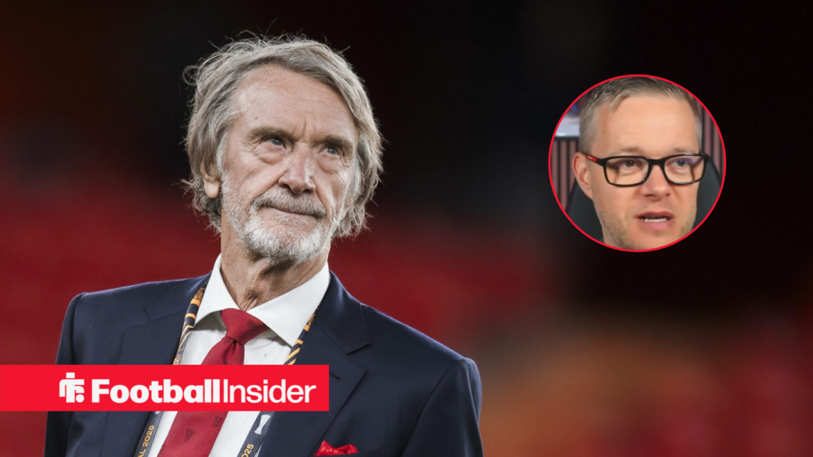 Man United owner Jim Ratcliffe next to an image of Mark Goldbridge