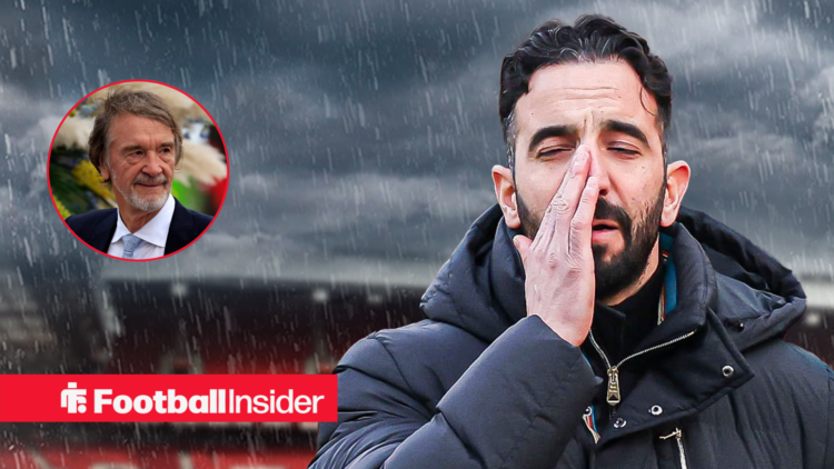 Man United owner Jim Ratcliffe in a circular frame next to boss Ruben Amorim looking worried