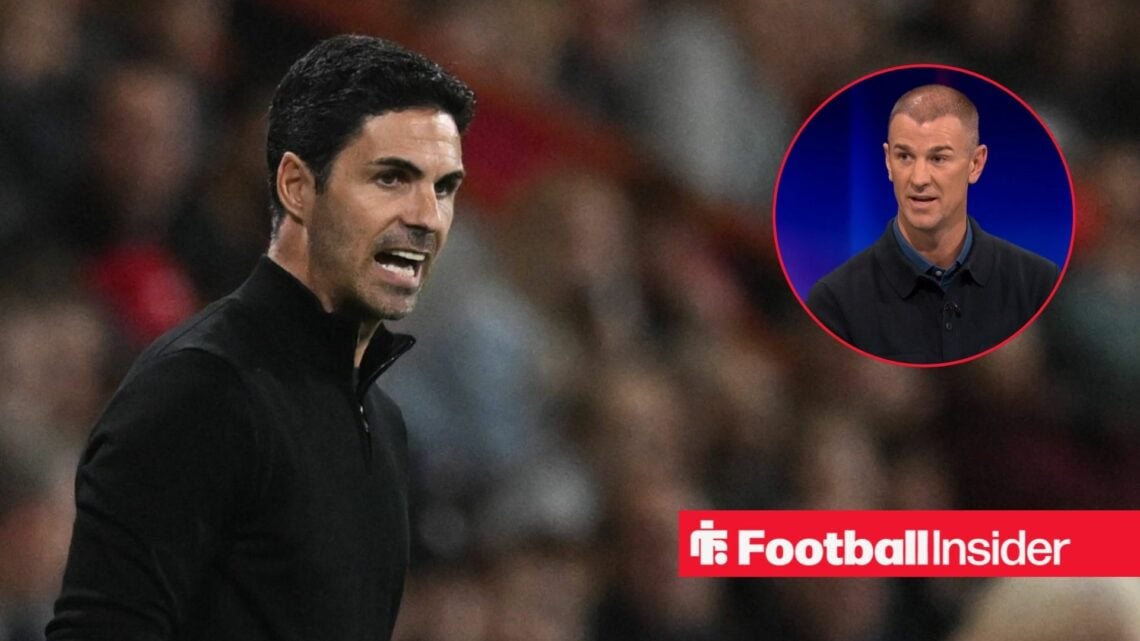 Arsenal boss Mikel Arteta on the touchline alongside an image of Joe Hart in the studio in a circular frame