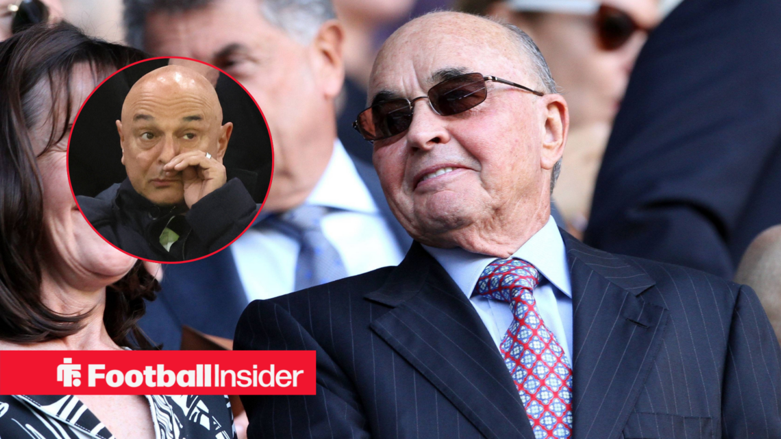 Former Tottenham owner Joe Lewis in the stands looking at former chairman Daniel Levy who has his hand to his face left inset