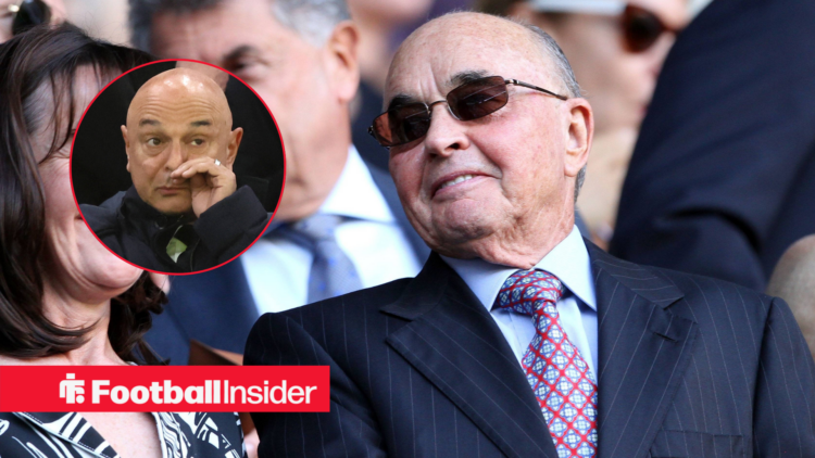 Former Tottenham owner Joe Lewis in the stands looking at former chairman Daniel Levy who has his hand to his face left inset