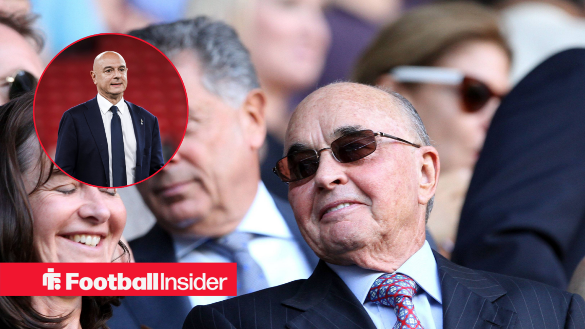 Joe Lewis in a black suit and Daniel Levy in a black suit in a red circle