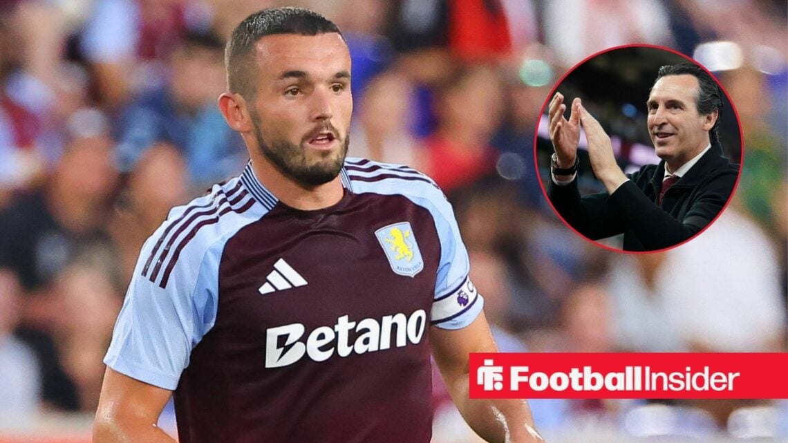 Aston Villa midfielder John McGinn in action looking at manager Unai Emery right inset