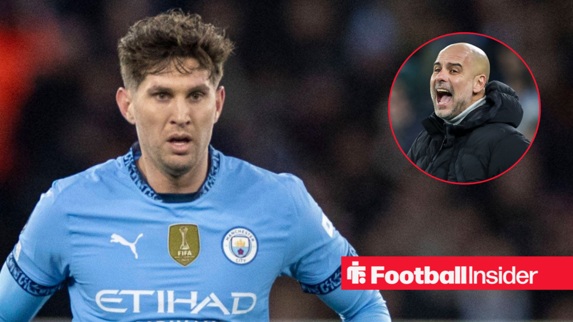 John Stones in Man City shirt with Pep Guardiola shouting