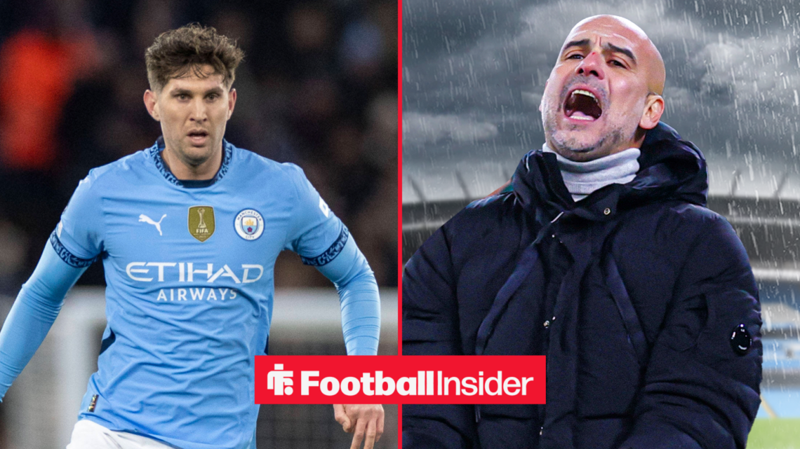 John Stones in a Man City shirt next to Pep Guardiola looking worried