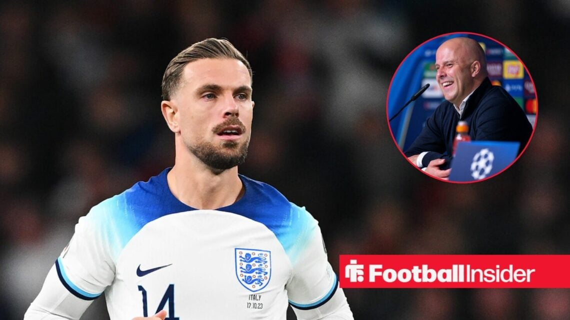 Jordan Henderson in an England shirt alongside an image of Liverpool boss Arne Slot in a circular frame