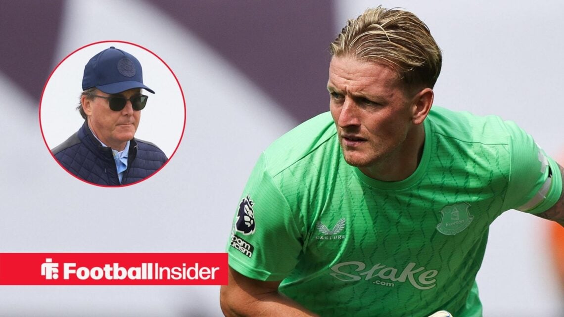 Everton's Jordan Pickford rolling the ball out with co-owner Dan Friedkin looking at him left inset
