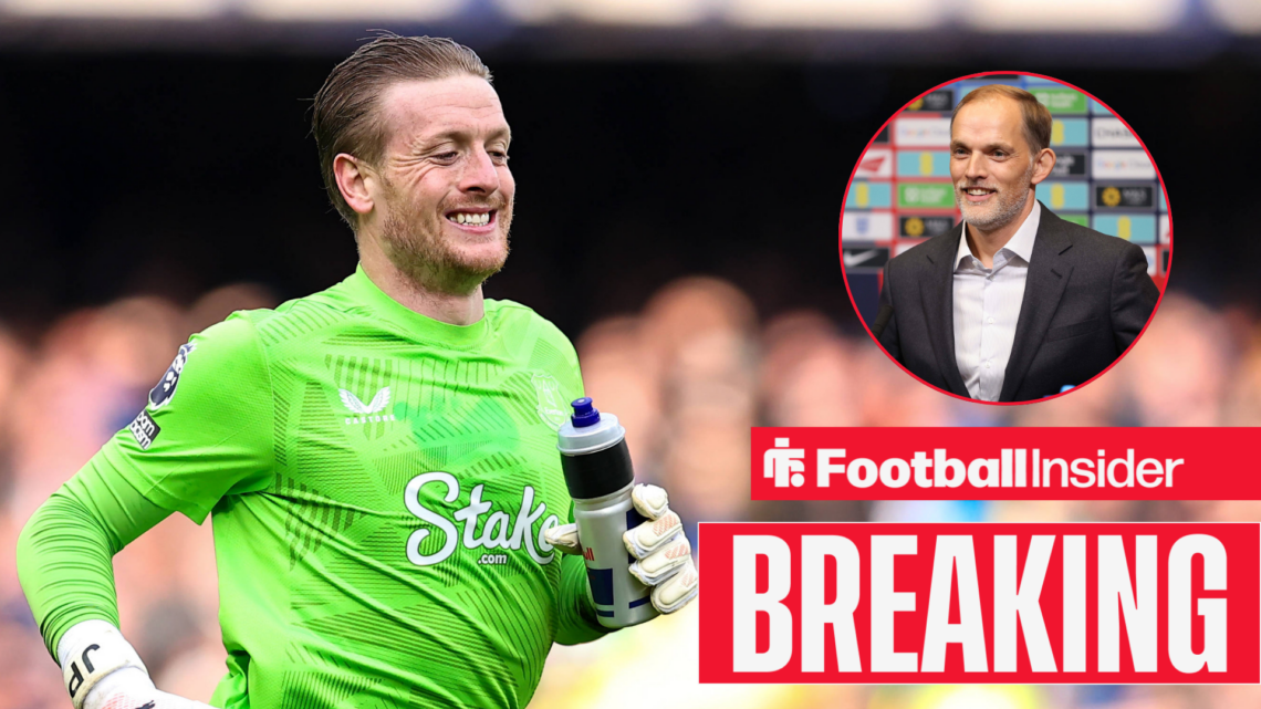 Jordan Pickford running in Everton kit, Thomas Tuchel in a circular inset