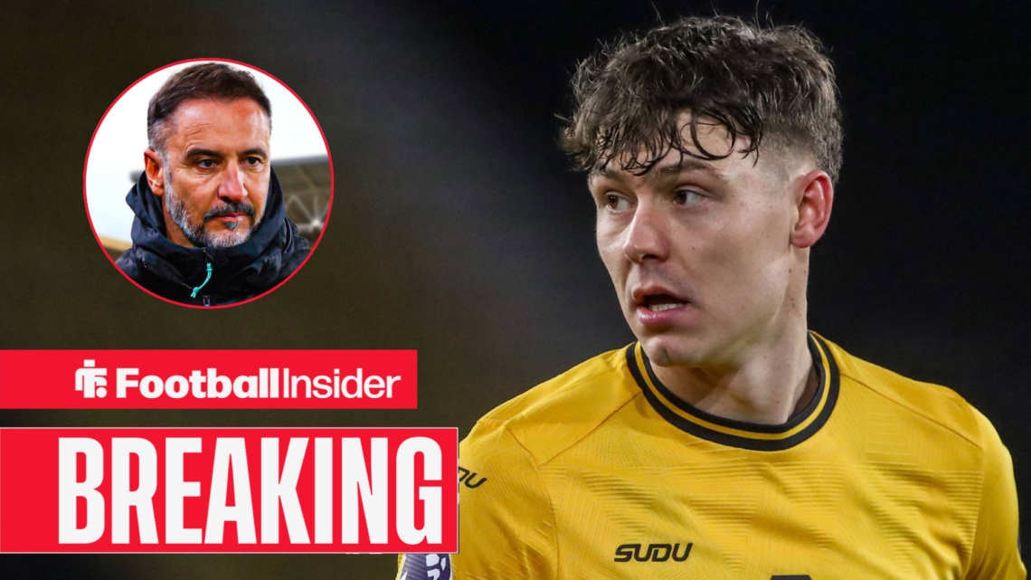 Wolves' Jorgen Strand Larsen in action looking at manager Vitor Pereira who looks back at him left inset