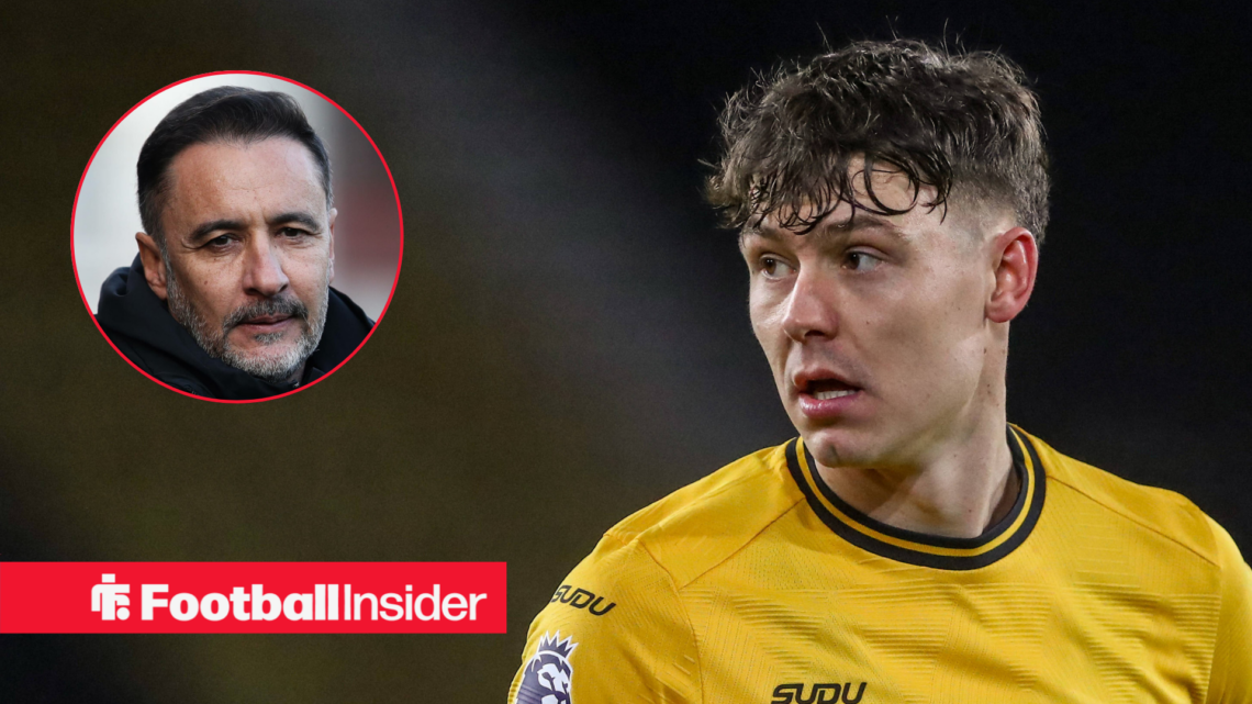 Wolves striker Jorgen Strand Larsen alongside a circular inset of Vitor Pereira.