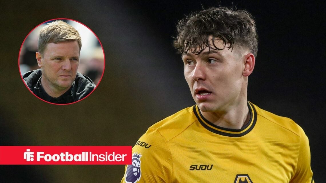 Jorgen Strand Larsen in a Wolves kit, Eddie Howe inset