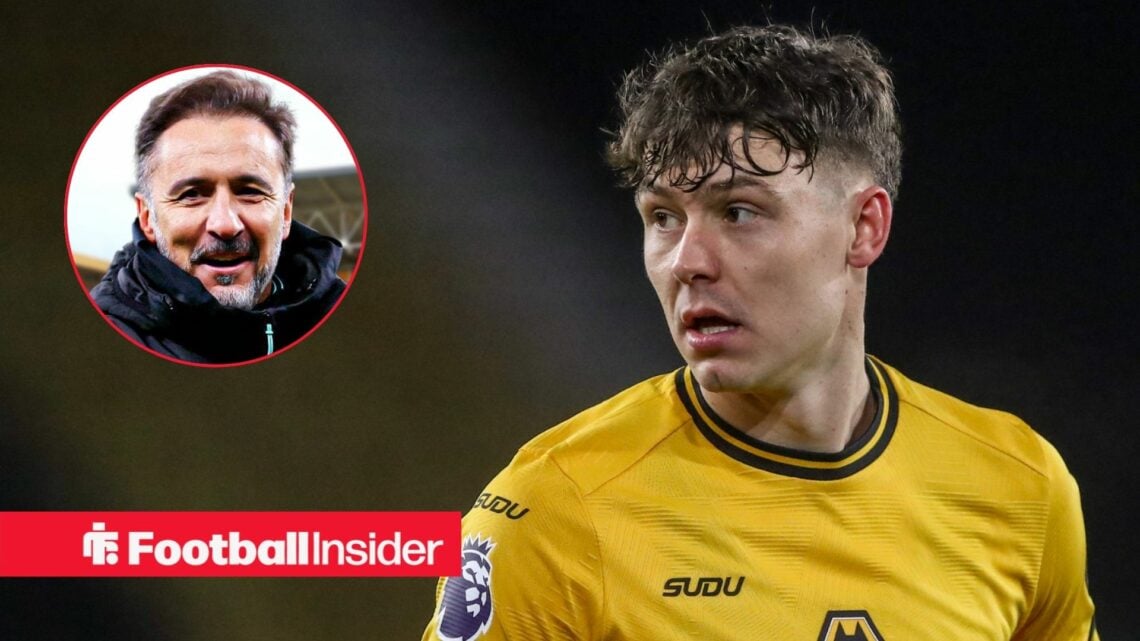 Wolves' Jorgen Strand Larsen in action looking at manager Vitor Pereira who is in inset
