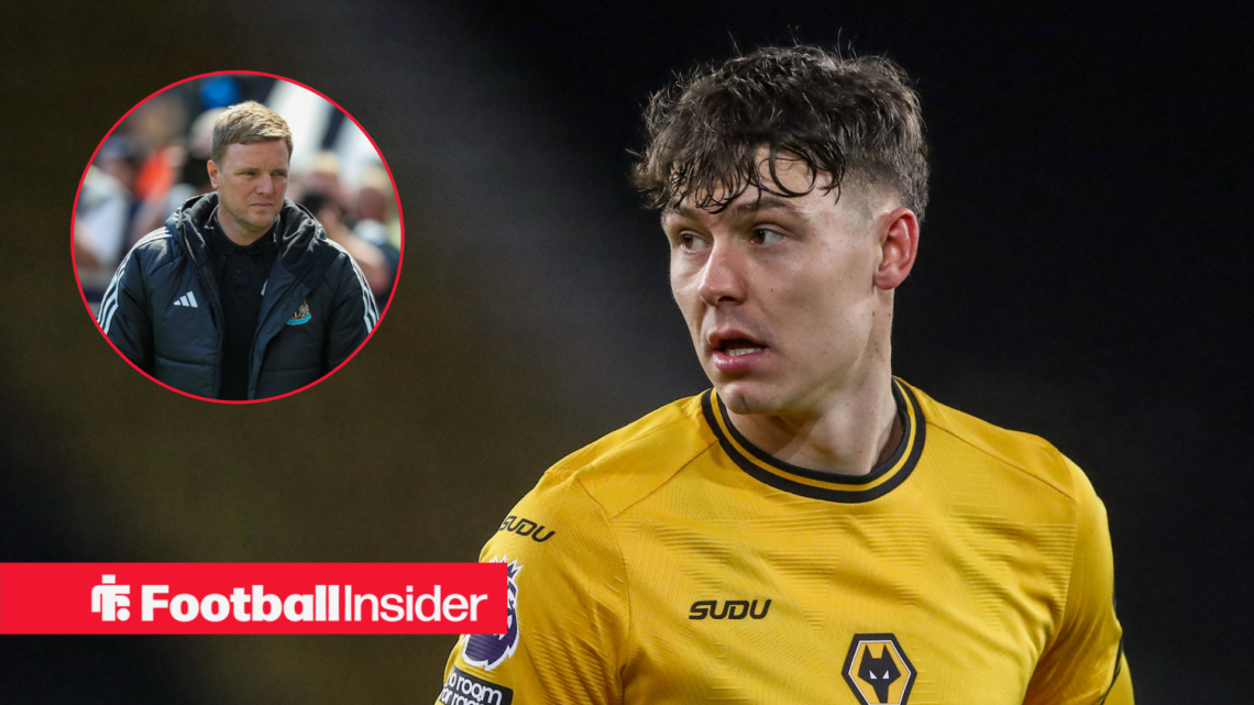 Jorgen Strand Larsen in a yellow Wolves kit and Eddie Howe in a black coat in a red circle