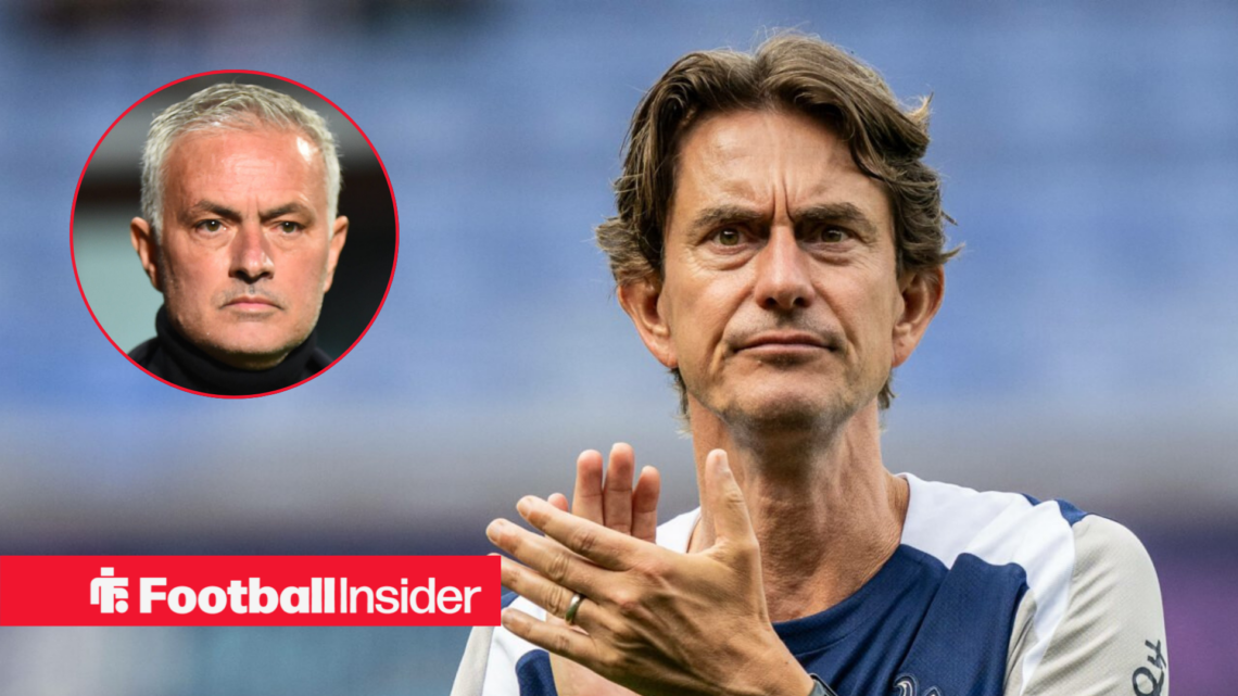 Jose Mourinho in a circular frame alongside an image of Tottenham boss Thomas Frank