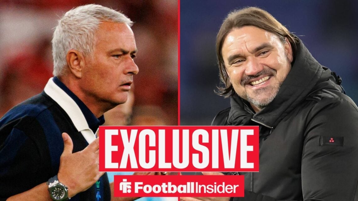 Jose Mourinho complaining on the left with a smiling Daniel Farke on the right with an EXCLUSIVE banner in between them in the middle