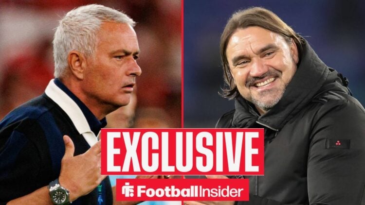 Jose Mourinho complaining on the left with a smiling Daniel Farke on the right with an EXCLUSIVE banner in between them in the middle