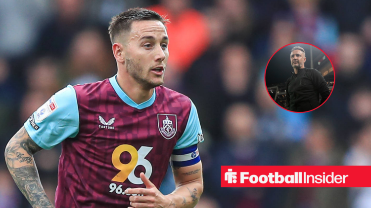 Josh Brownhill in a Burnley kit alongside a photo of Wolves boss Vitor Pereira in a circular frame