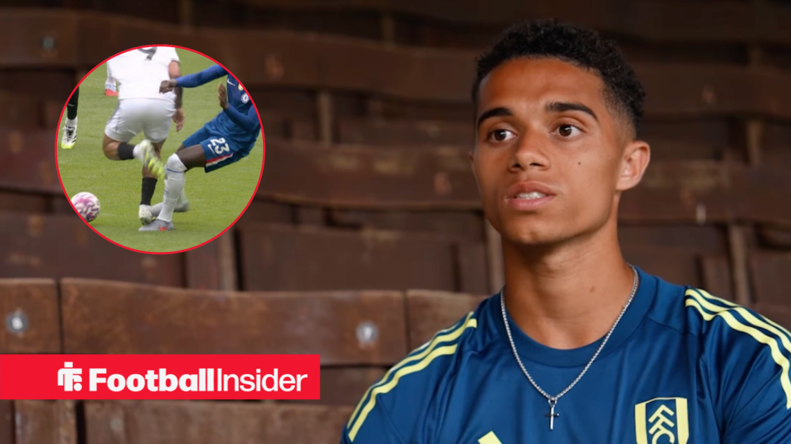 Josh King in Fulham training shirt with Rodrigo Muniz's foul on inset