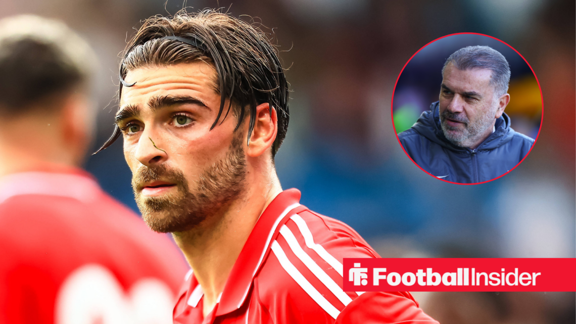 Jota Silva in a red Nottingham Forest kit and Ange Postecoglou in a grey coat in a red circle