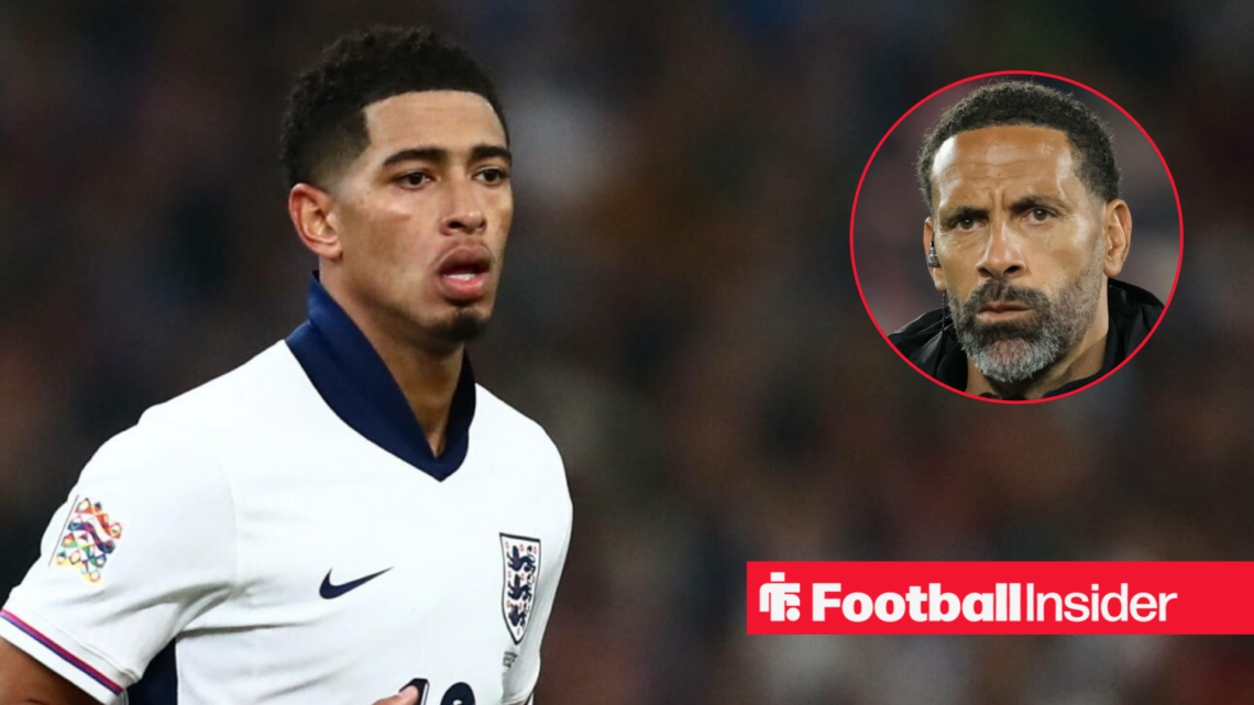 England midfielder Jude Bellingham, alongside a circular inset of Rio Ferdinand.