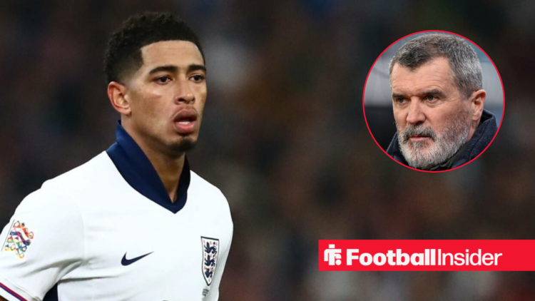 England midfielder Jude Bellingham alongside a circular inset of Roy Keane.