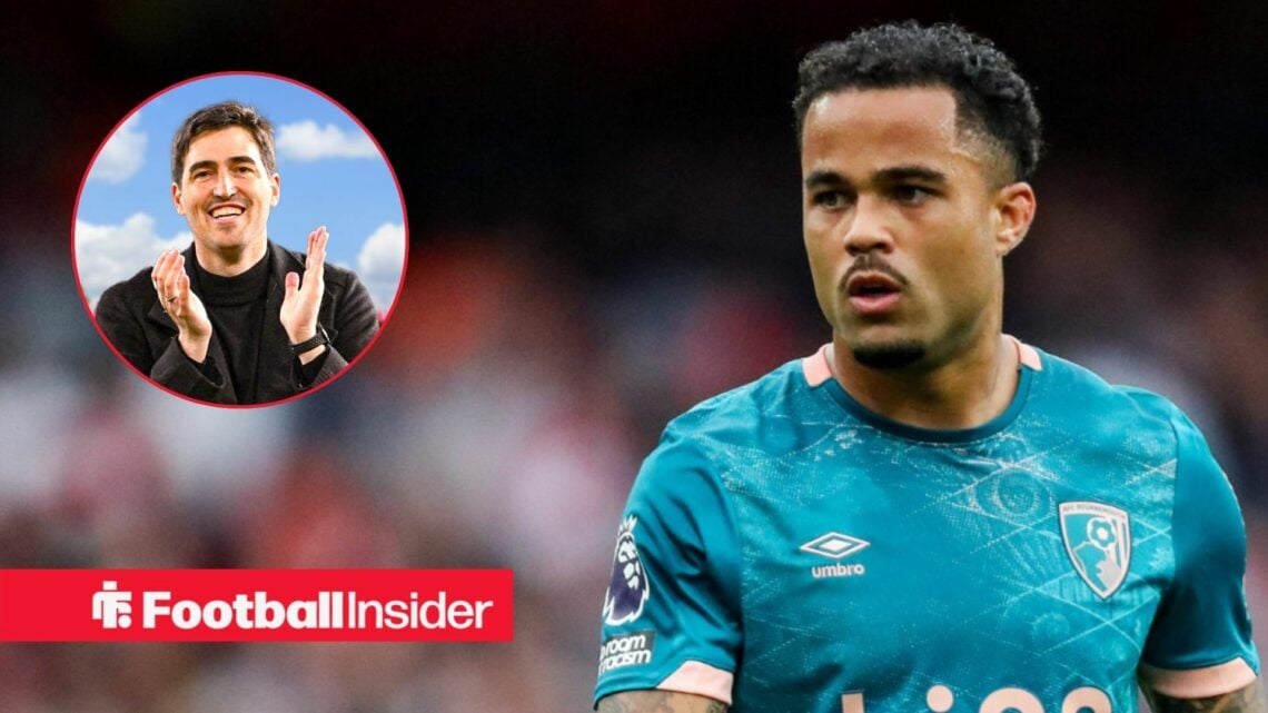 Justin Kluivert in Bournemouth away kit with Andoni Iraola inset