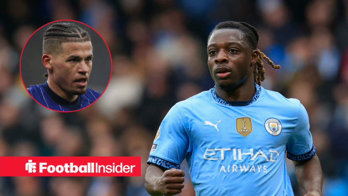 A headshot of Kalvin Phillips in a circular frame alongside Jeremy Doku in a Manchester City home shirt