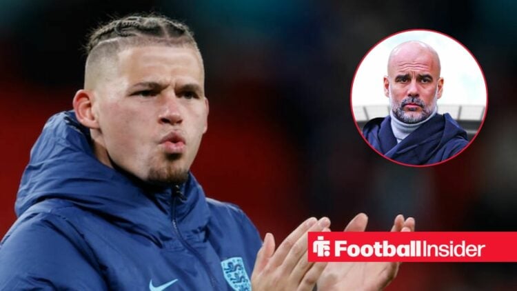 Kalvin Phillips in England coat with Pep Guardiola inset