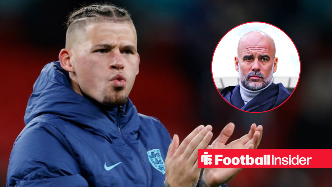 Kalvin Phillips in an England coat clapping looking at Man City manager Pep Guardiola who stares straight ahead right inset