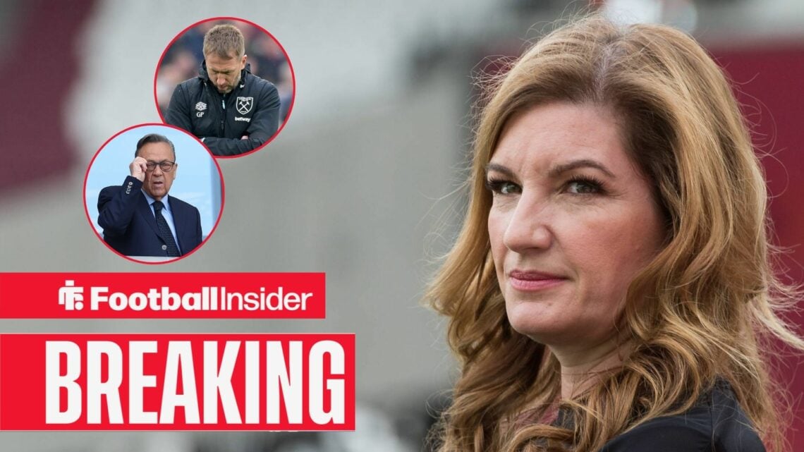 Karren Brady at West Ham, David Sullivan and Graham Potter in circular insets