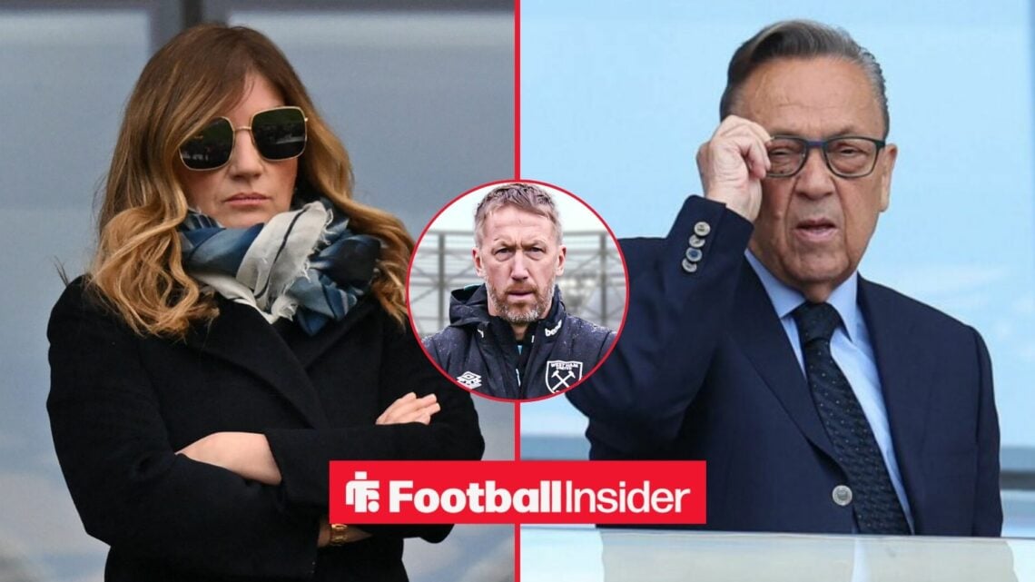 West Ham owners Karren Brady and David Sullivan, with Graham Potter in a circular inset