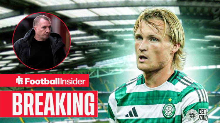 Kasper Dolberg in a Celtic shirt, Brendan Rodgers in a circular inset